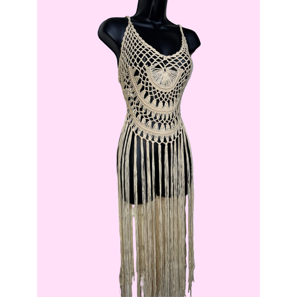 New Small Khaki‎ Beige Knit Fringe Crochet Swimsuit Cover Up Maxi Dress Beach - Picture 1 of 5